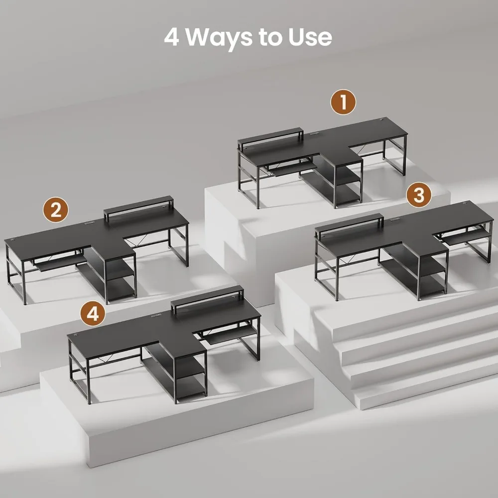 Premium 94.5 Office Computer Desk, 2 Person Gaming Desk with Storage, LED Lights, Keyboard Tray, Power Strip with USB & Monitor