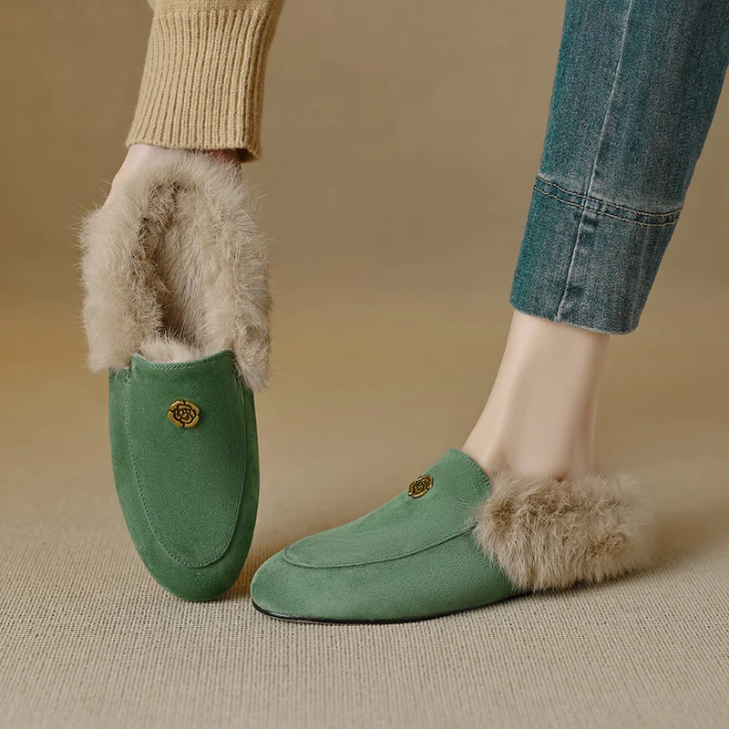 

Genuine leather（sheepskin rabbit fur) Autumn and winter women mules slipper Cover Toe Elegant Slippers Low heel Casual Loafers