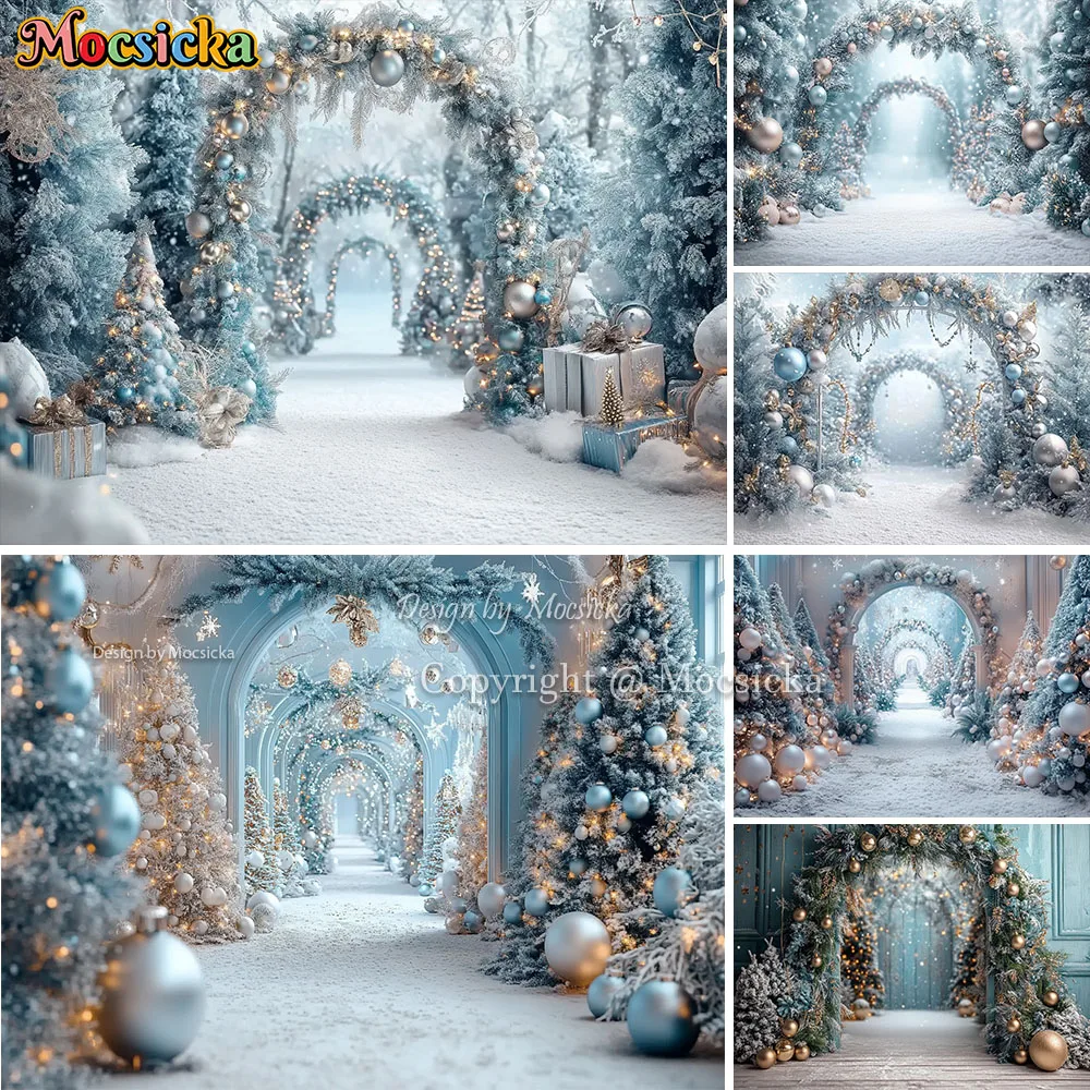 Mocsicka Frozen Christmas Wonderland Background Photography Archway Wreath Balloon Snowy Backdrop Winter Kids Photozone Studio