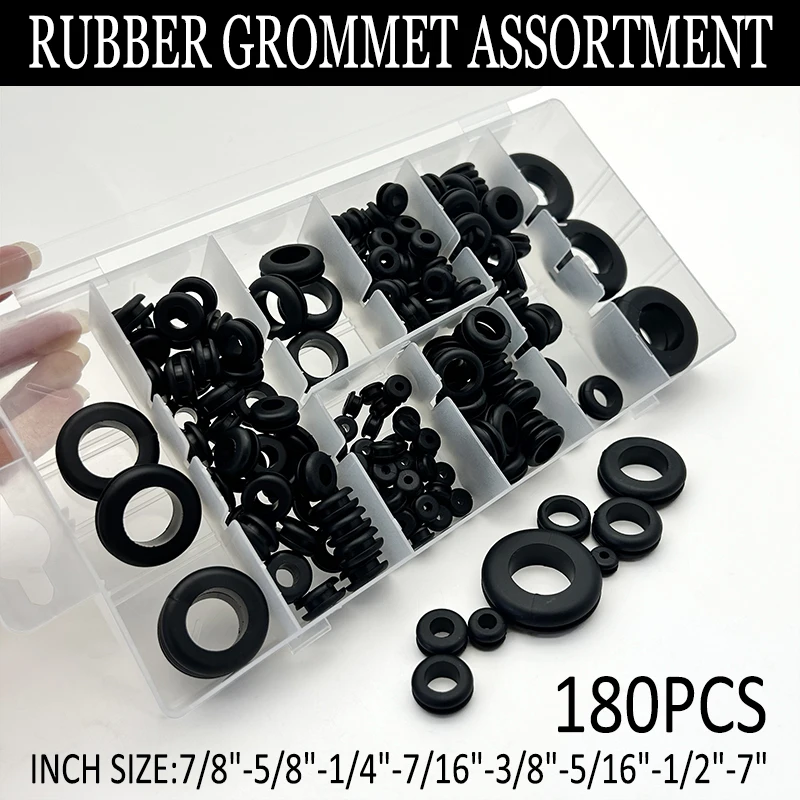 Black 180Pcs Rubber Grommet Combo Kit Wear-Resistant Seal Hole Ring for Wire Management Industrial Automotive Applications
