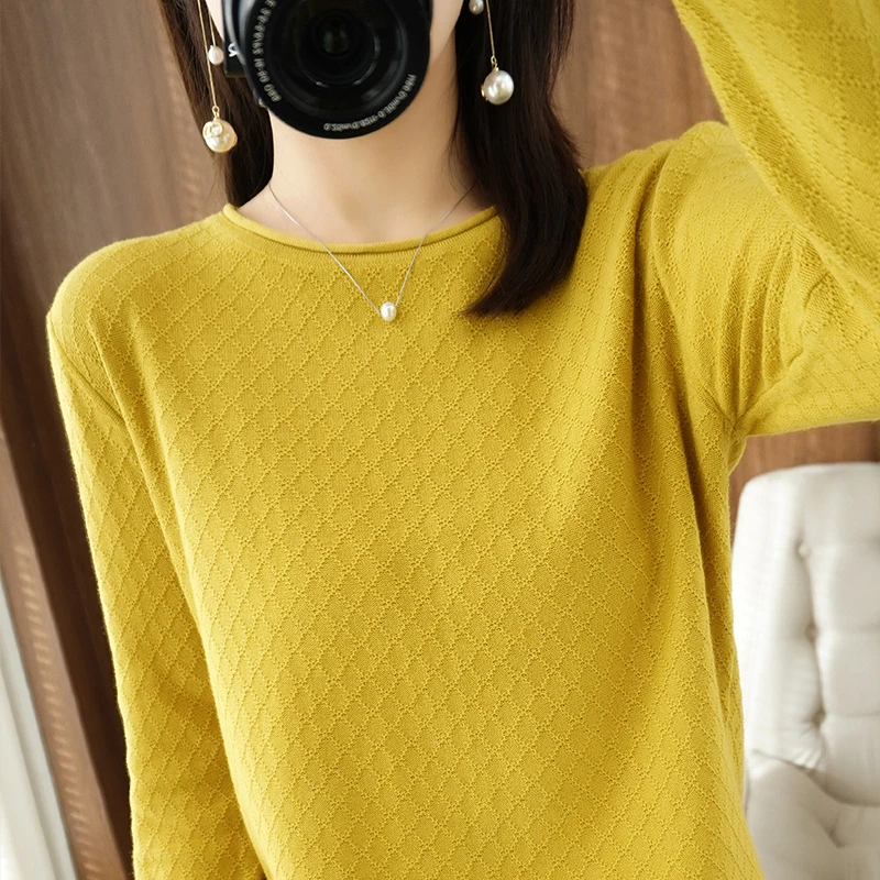 Women 100% Cotton Sweater Curled Round Neck Knitted Pullover Diamond Grid Soft Clothing Long Sleeve Bottoming Tops Autumn Winter