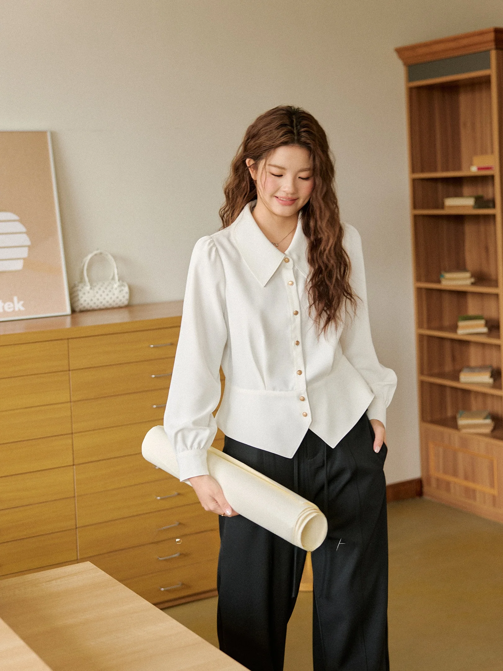 

plus Size Women's irt Long Sve Turn-down Collar Casual Sle Loose Fit Polyester Fiber Skin-friendly Breathable Spring