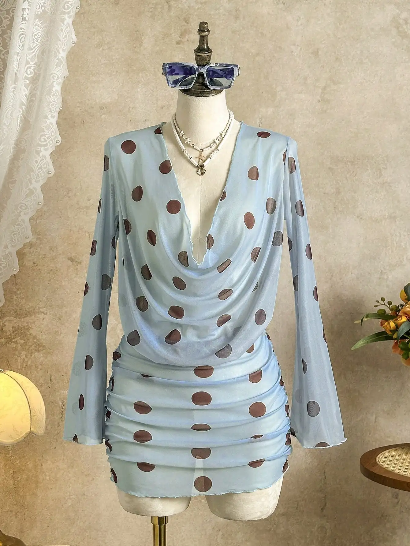 Women's Polka Dot Mesh Cover-Up Dress With Long Sleeve And Cowl Neck For Beach Vacation