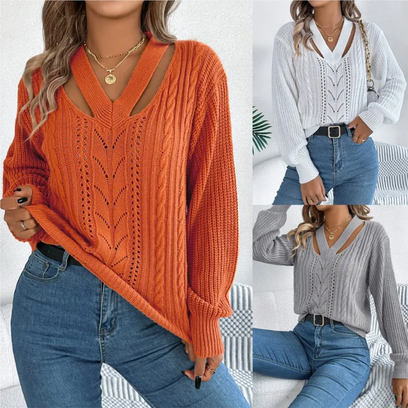 

Women's Sweaters And Pullovers Autumn And Winter Fashion Casual V-neck Knitted Sweater Top Long-sleeved Loose Elegant Solid Top