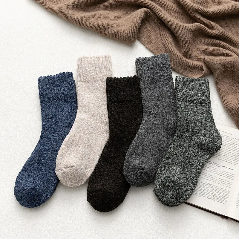 

5 Pair Autumn and Winter Warm Socks Men's Parallel Thread Solid Color Woolen Loop Socks Thickened Middle Tube Socks Home Leisure