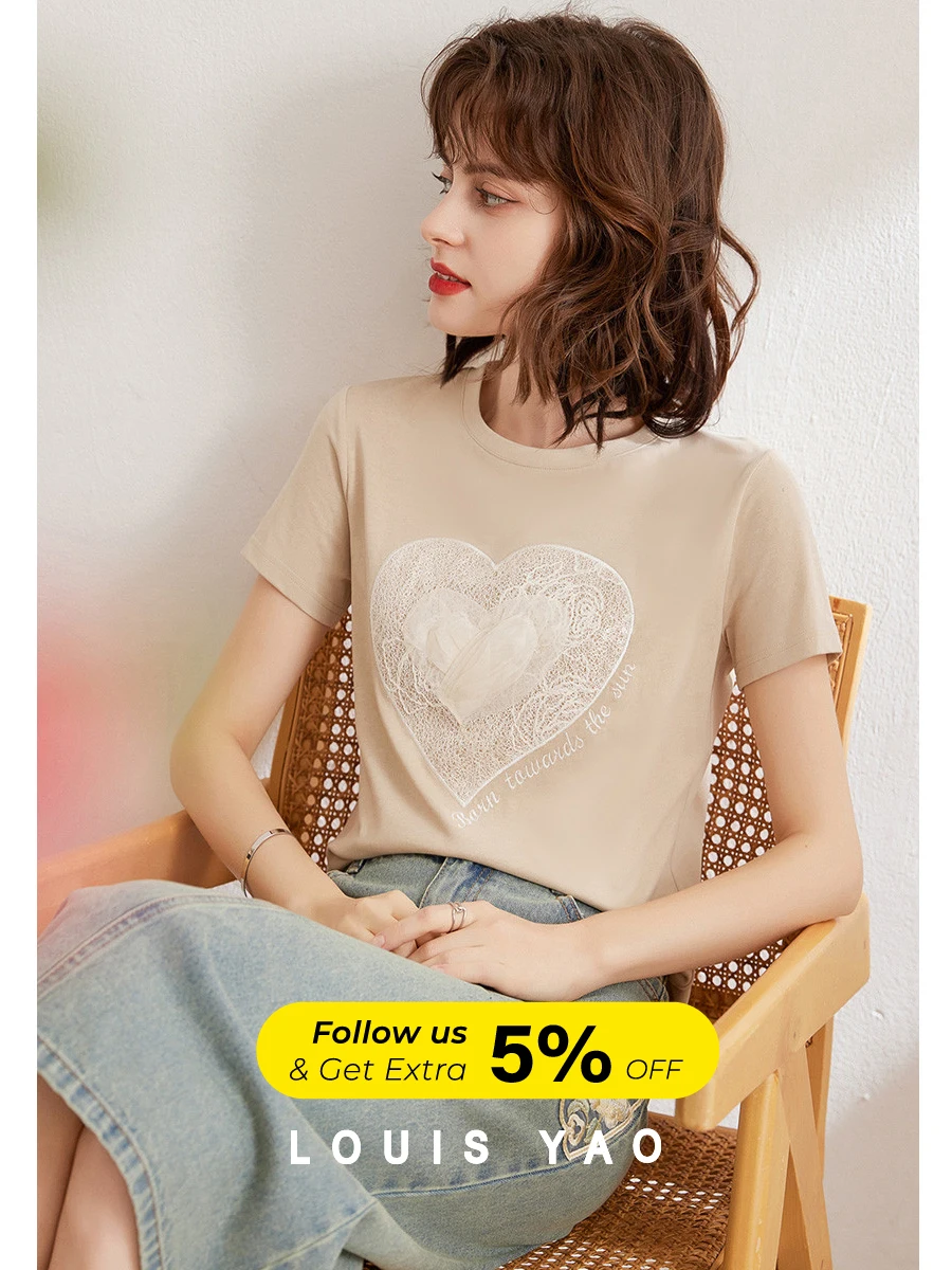 

LOUIS YAO Women Embroidery T-shirt 2024 Summer Fashion Casual Tee O Neck Short Sleeve Mesh Heart Shape Pullover Top