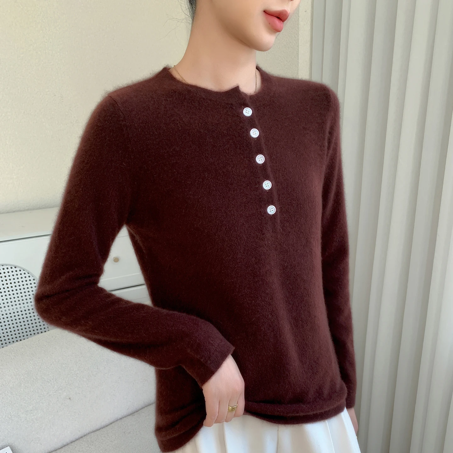 

Женский пуловер из 100% чистого кашемира с полуоткрытым воротником, повседневный однотонный вязаный свитер, теплый джемпер на пуговицах с круглым вырезом, топ