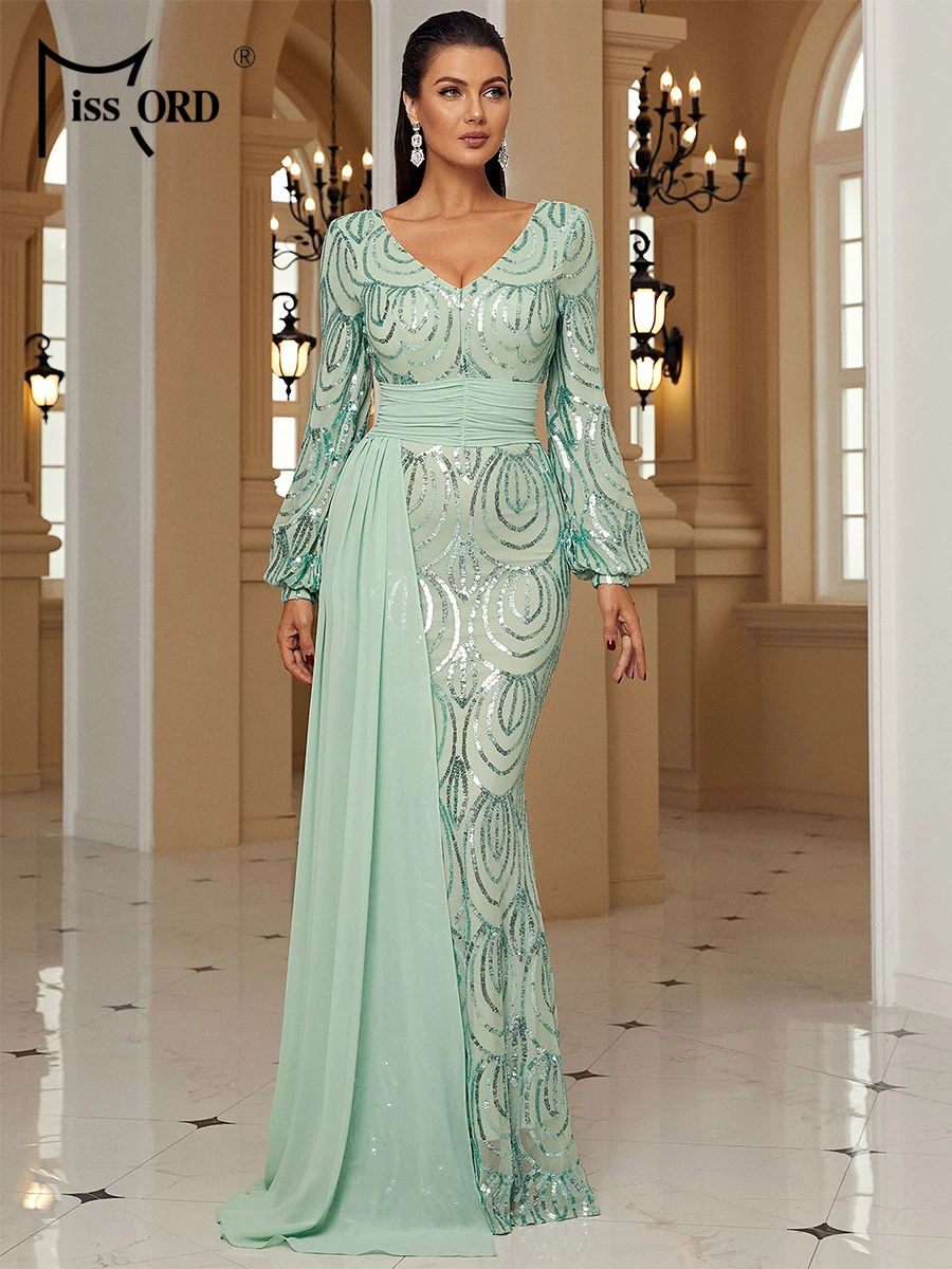 Missord Green Sequin Evening Dress Elegant Women Long Sleeve V-neck Belt Draped Bodycon Wedding Party Prom Dresses Female Gown