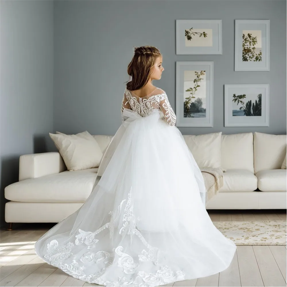 

BABYONLINE White Tulle Communion Dress Princess Long Sleeve Lace Applique Flowy A-line Flower Girl Dresses For Kids
