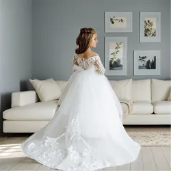 BABYONLINE White Tulle Communion Dress Princess Long Sleeve Lace Applique Flowy A-line Flower Girl Dresses For Kids