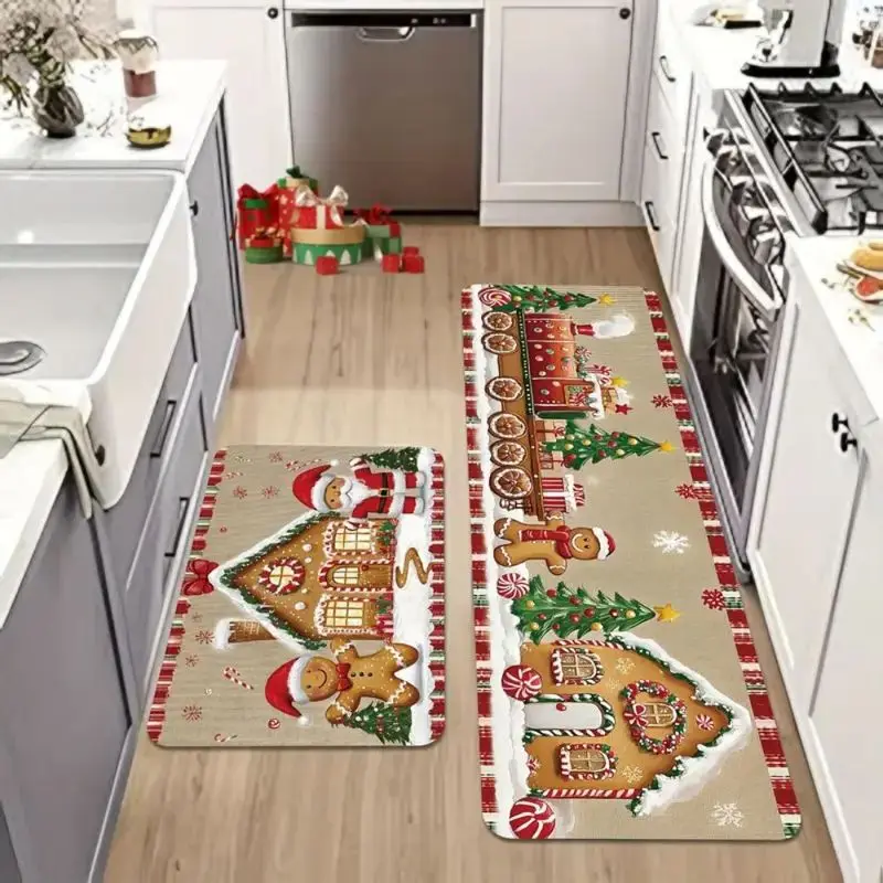 VIKAMA Gingerbread House Train Kitchen Mat Christmas Print Floor Rug Non Slip For Sink Laundry Room Dining Decor