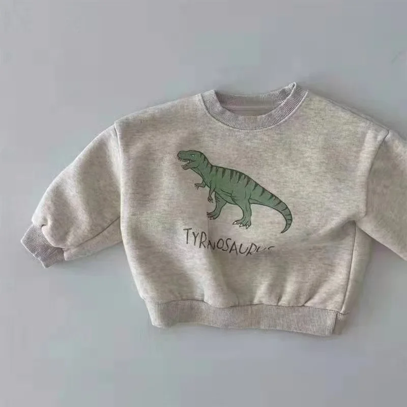 Autumn Spring Kids Baby Boys Girls Hoodies Cool Dinosaur Plus Fleece Children Pullover Comfortable Sweatshirt