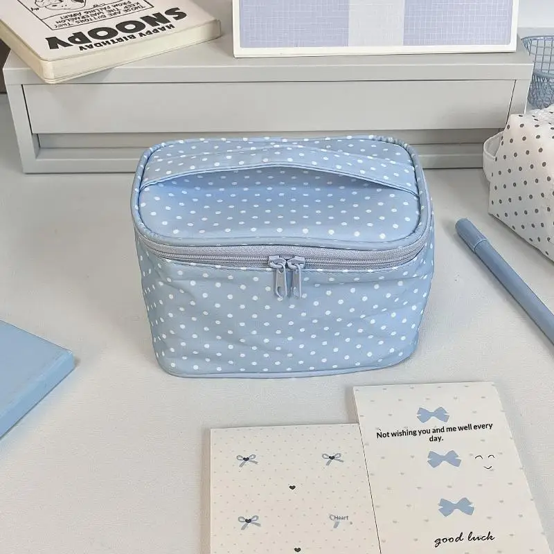 Double Zipper Large Capacity Dot Print Pencil Case Portable Storage Bag for Student Stationery Daily Cosmetics Organization