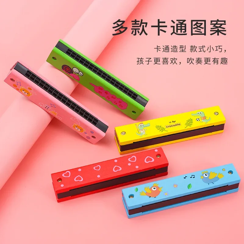 Wooden painted harmonica playable for parent-child new and unique educational toys cartoon 16 hole harmonica