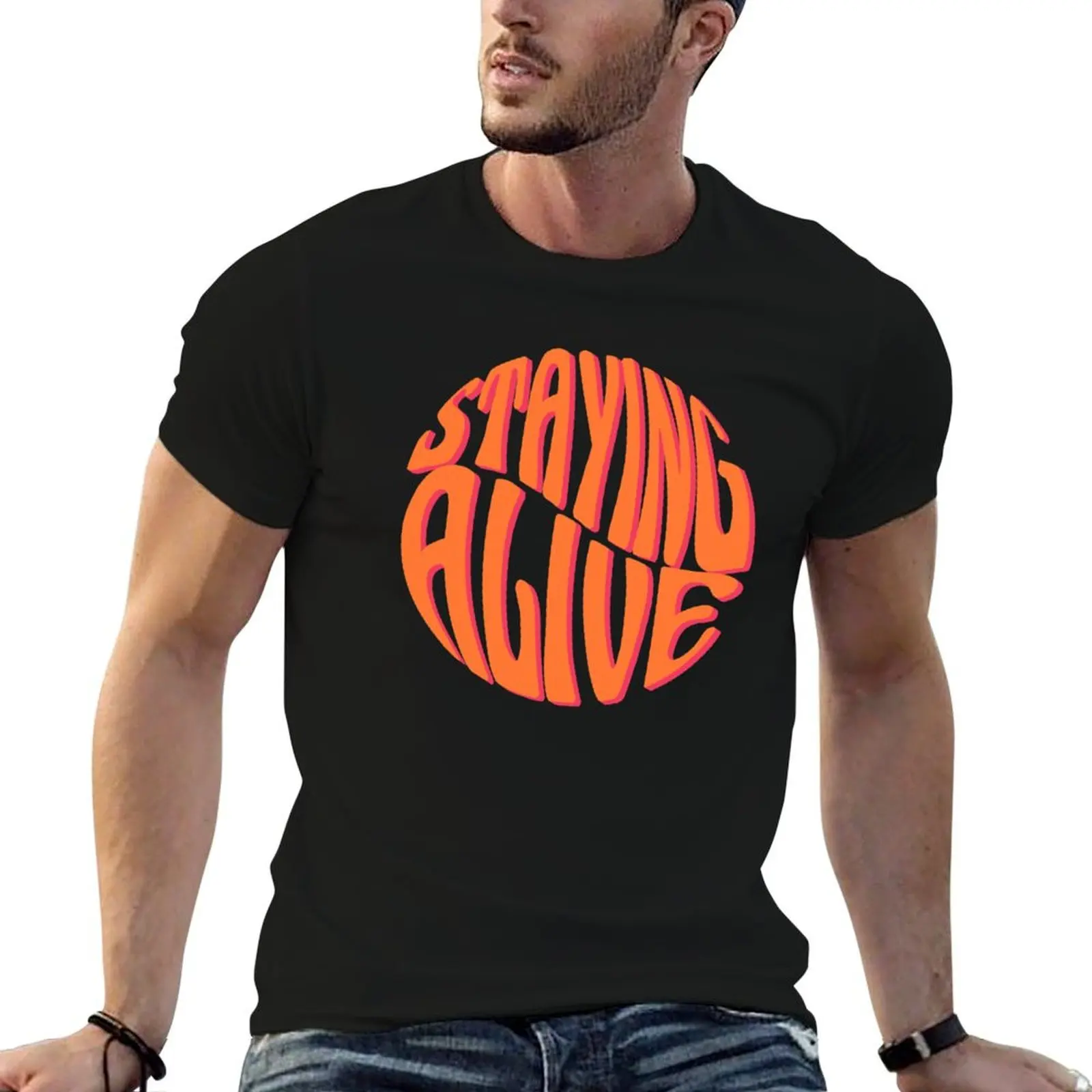 T-shirt Staying Alive Design, coupe décontractée, haut décontracté à manches courtes