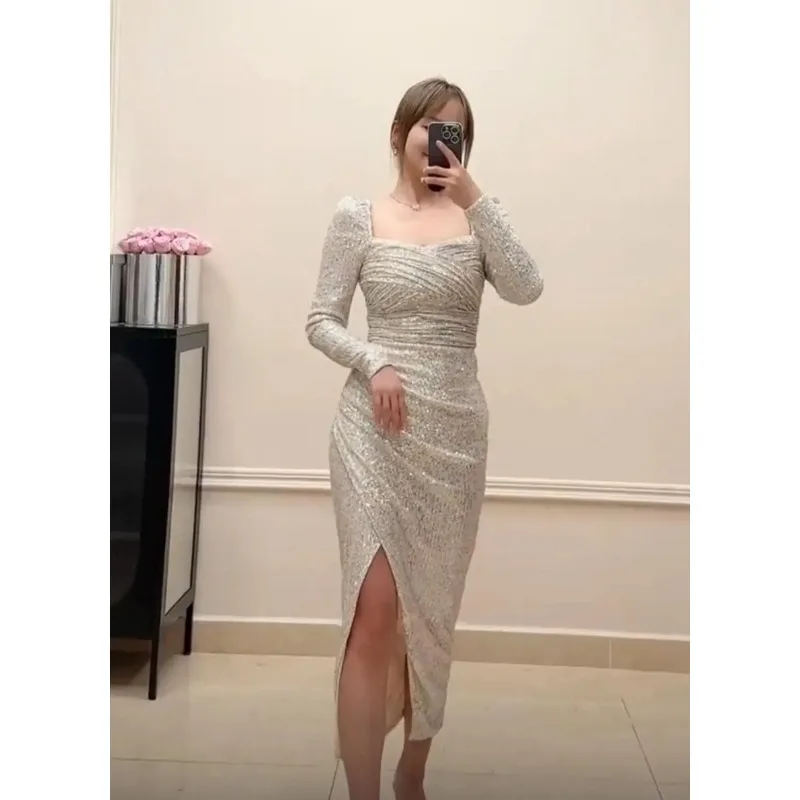 Robe de Soirée de Couleur Champagne pour Femme, Tenue de Luxe Légère, avec Fouet, pour Banquet et Fiançailles, Hôte, Nouveauté