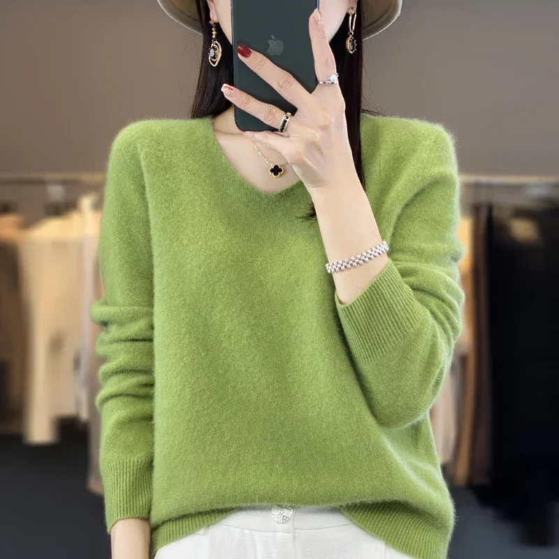 

2024 Cashmere Sweater Women's Knitting Sweater Pure Merino Wool Winter Fashion Basic V-neck Chic Top Autumn Warm Pullover