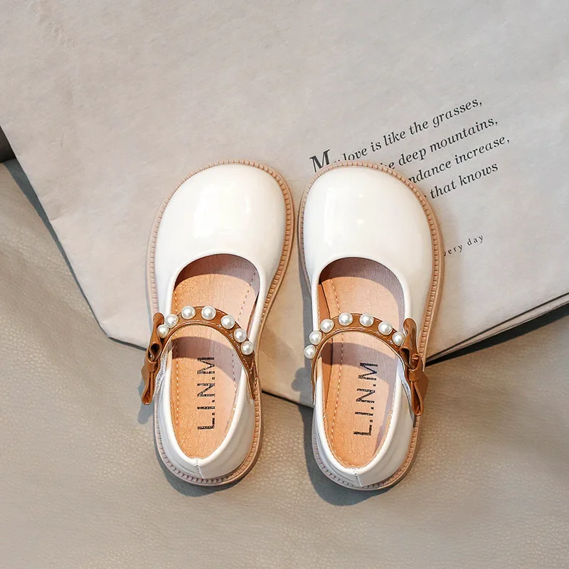 Children Loafers for Girl Black Glossy Spring Autumn Uniform School Leather Shoes Pearls Round-toe Kids Shoes Simple All-match