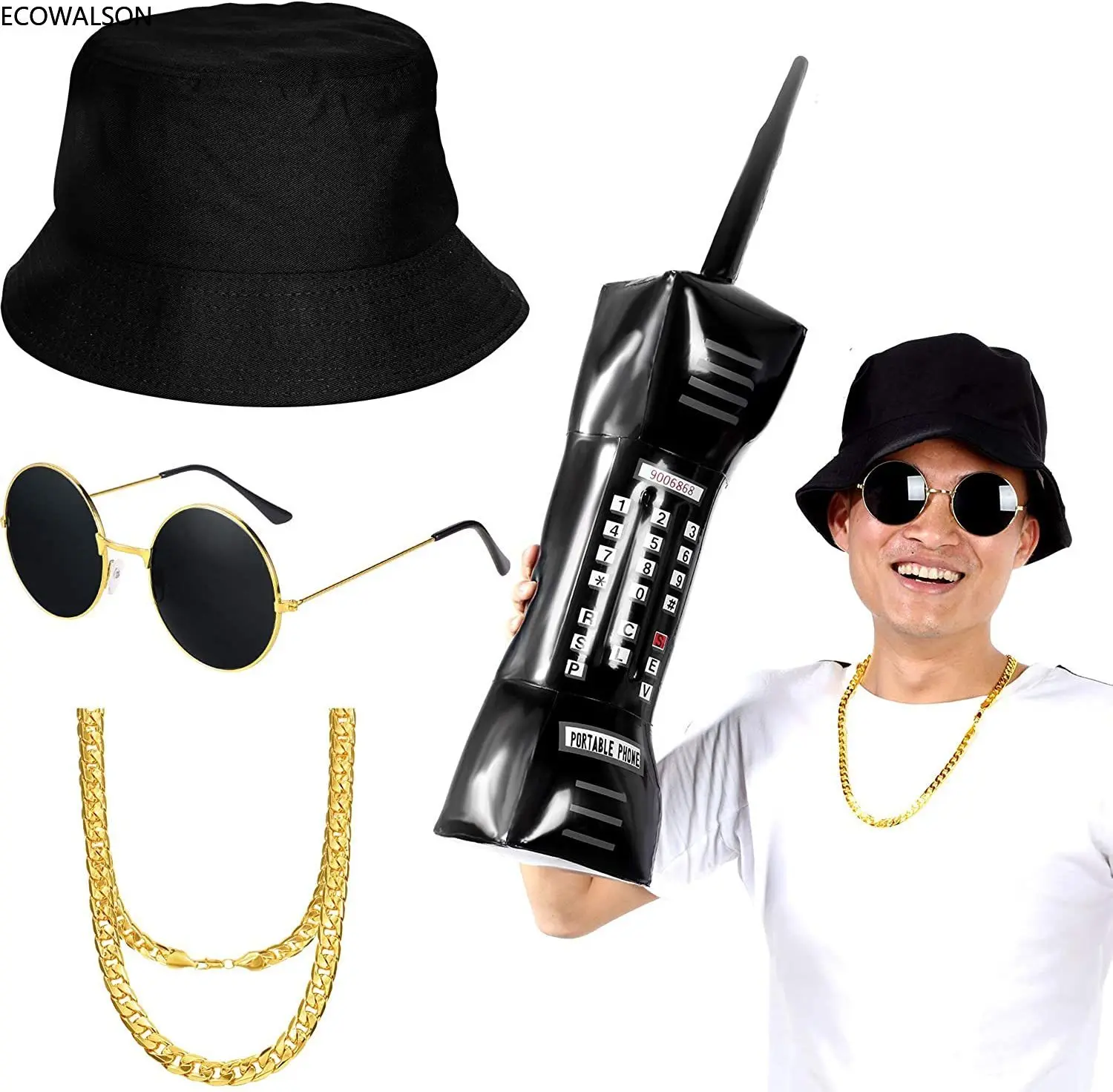 80s/90s chłopiec kostium hip-hopowy zestaw akcesoriów zestaw 90s raper strój kostium telefon komórkowy kapelusz typu Bucket okulary Faux Chain raper 20