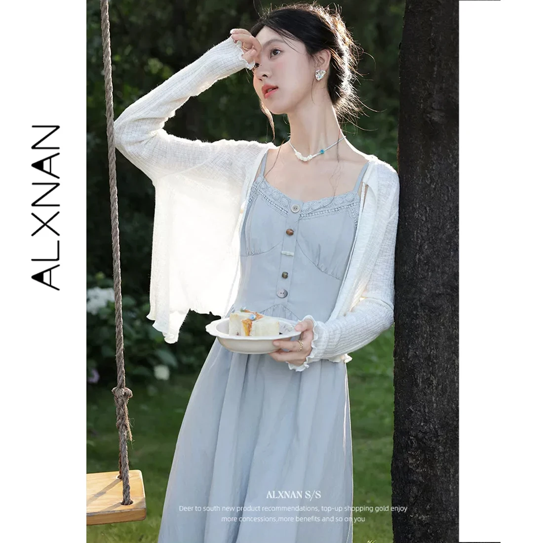 

ALXNAN Off-white Knit Cardigan Elegant Thin Summer Long Sleeve Cardigans 2026 Fashion Casual Slim-fit Female Knitwear L56223SY