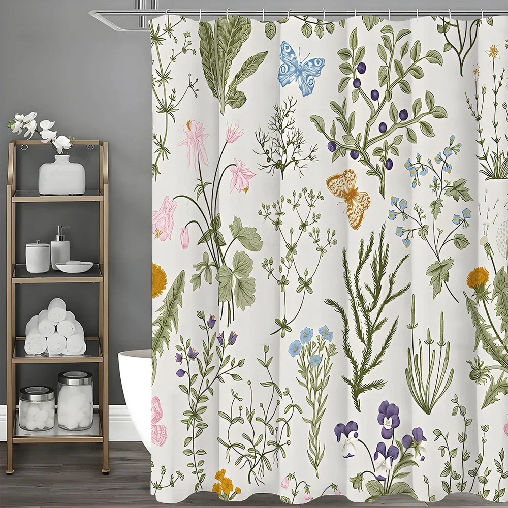 

Floral Plant Shower Curtain, Bathroom Decorative Shower Curtain, Waterproof Shower Curtain with Hooks