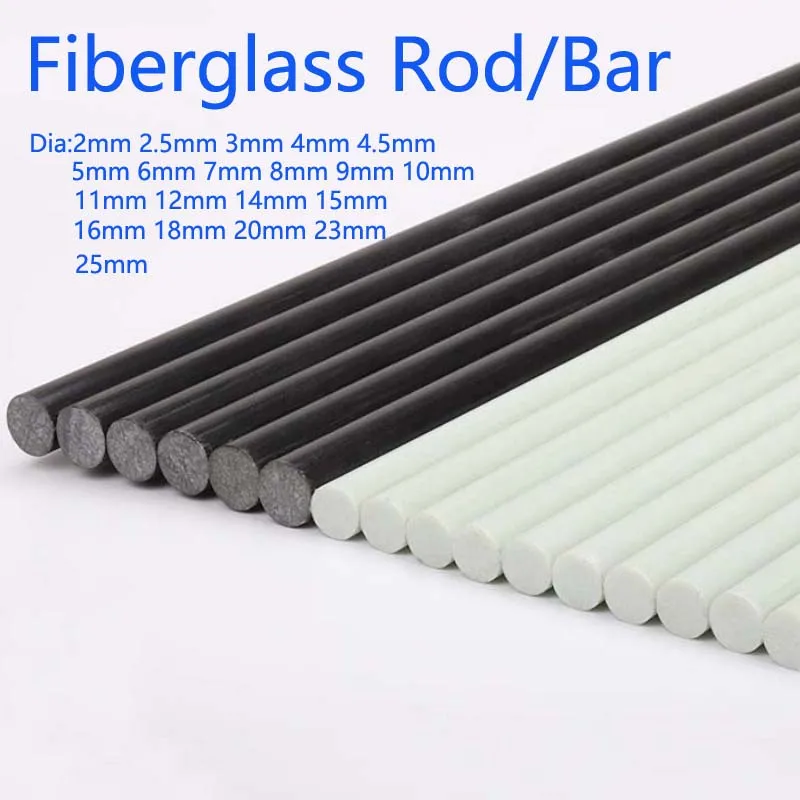 2Pcs Length 500mm Black /White Fiberglass Rods FRP Rod Acid and Alkali Resistant Solid Rigid Bar Rigid Plastic Bar DIA 2mm -25mm
