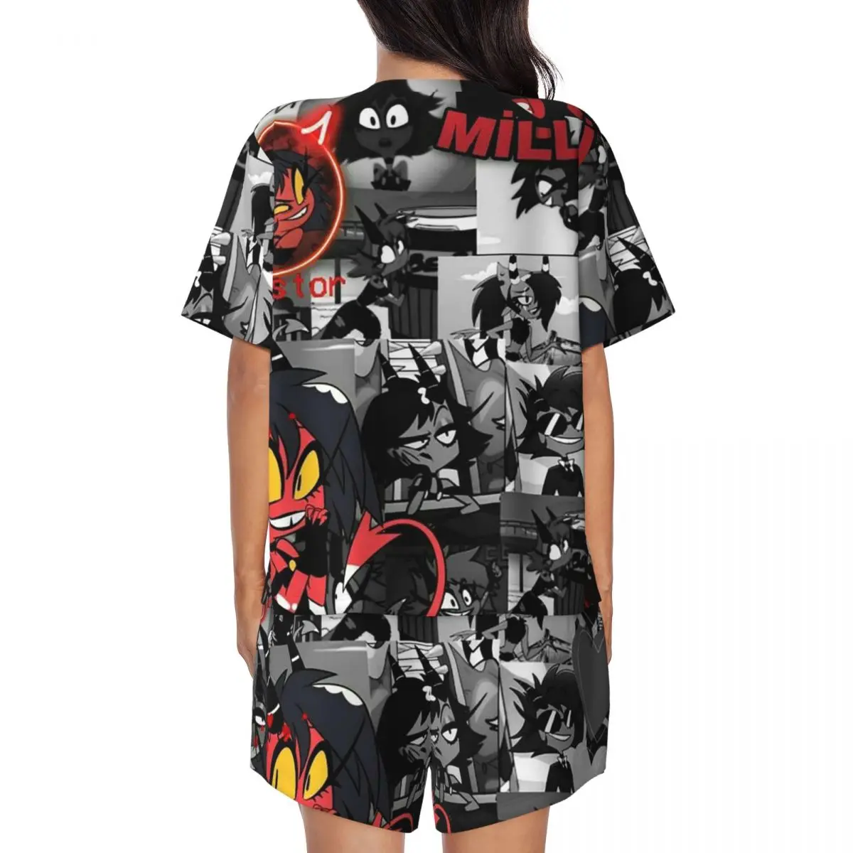 Anime Helluva Boss Millie Round Neck Short Sleeves Nightdress for Sleeping Sleepshirts Women Loose Pajama Set Short Pants 4