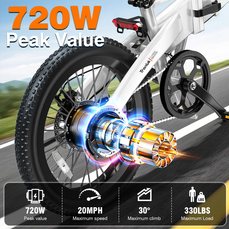 Youth adult electric bicycle 720W peak 48V12AH 20 inch * 2.4 road tire 5-speed with assisted riding 20MPH urban commuting image 3