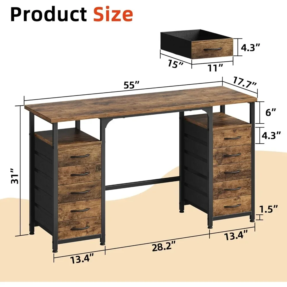 다양한 수납 공간이 있는 사무용 책상, 10 원단 서랍, 분류 정리함-55 인치, 140
