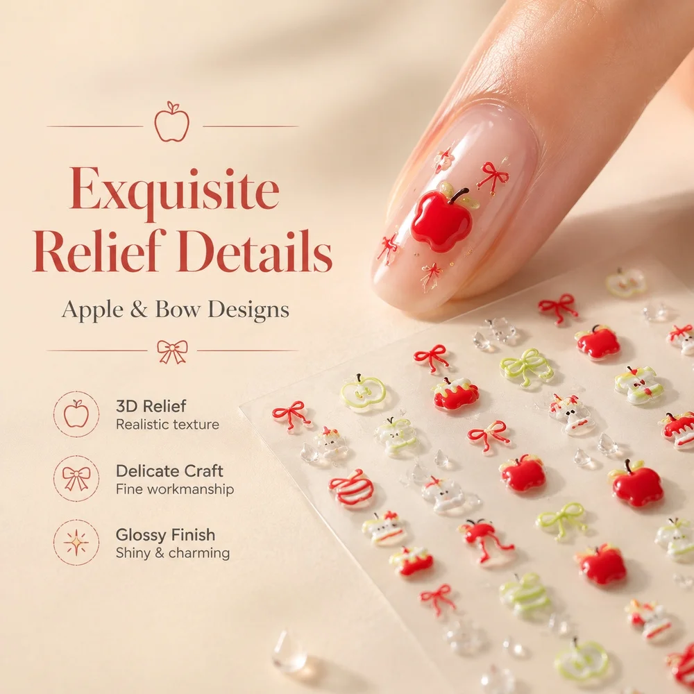 1Pc Y2K Trend Fruit Nail Decals 5D Raised Red Apple Green Bow Pattern Waterproof Self Stick Single Sheet Nail Sticker