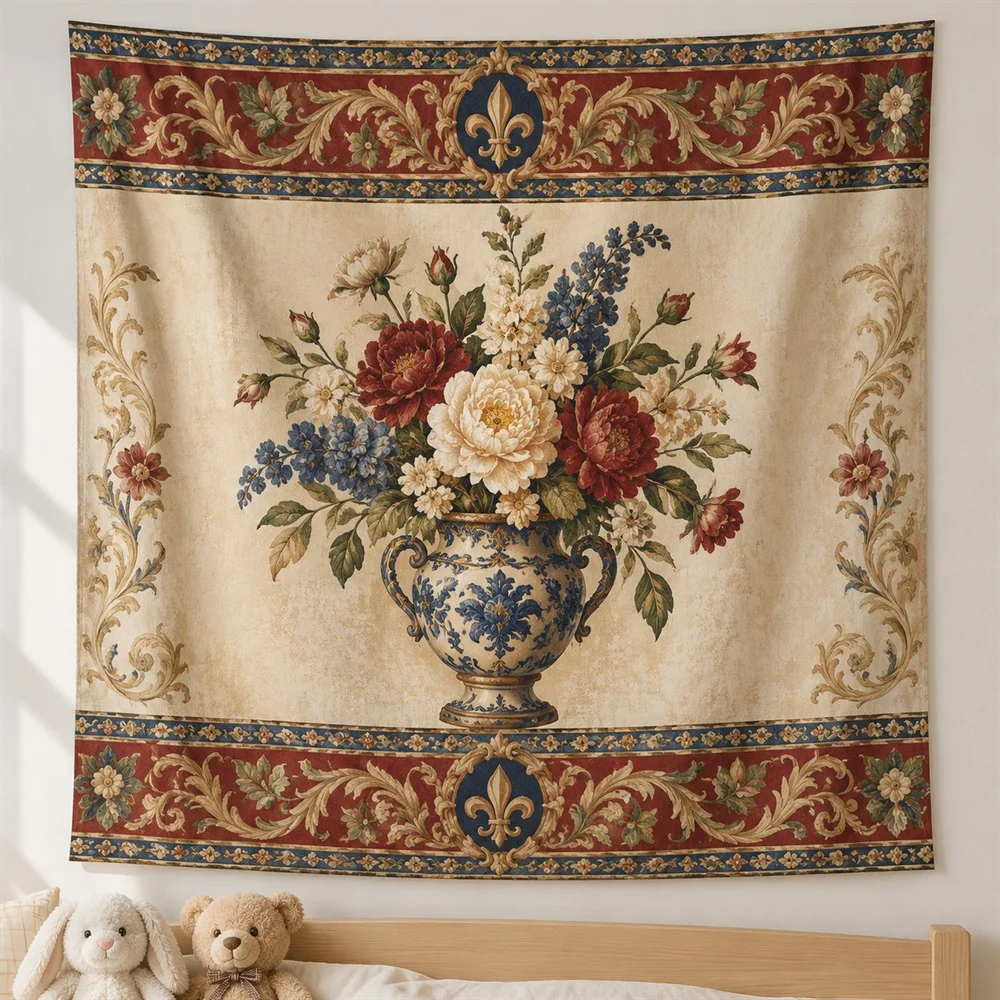 VIKAMA Classic Vase Bouquet Tapestry Wall Hanging, Aesthetic European Room Decor Tapestries for Kitchen Dining Room Living Room