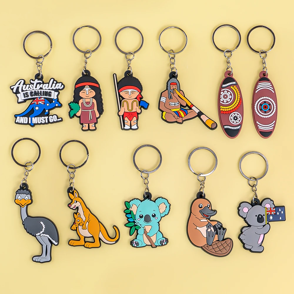 1/11szt Australia Cute Animals PVC Keychain Koalas Kangaroos Key Ring Platypus Emus Keys Akcesoria Śmieszny prezent dla kobiet i dzieci