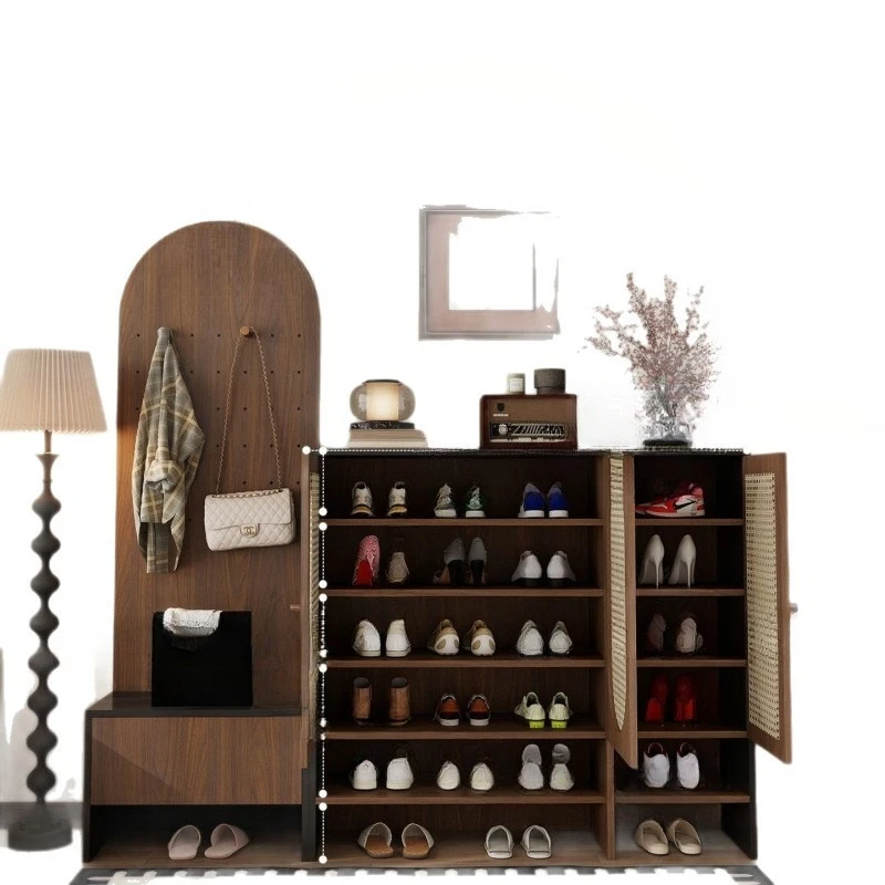Solid wood retro rattan shoe cabinet, home entrance cabinet, multi-layer against the wall, large-capacity storage coat rack