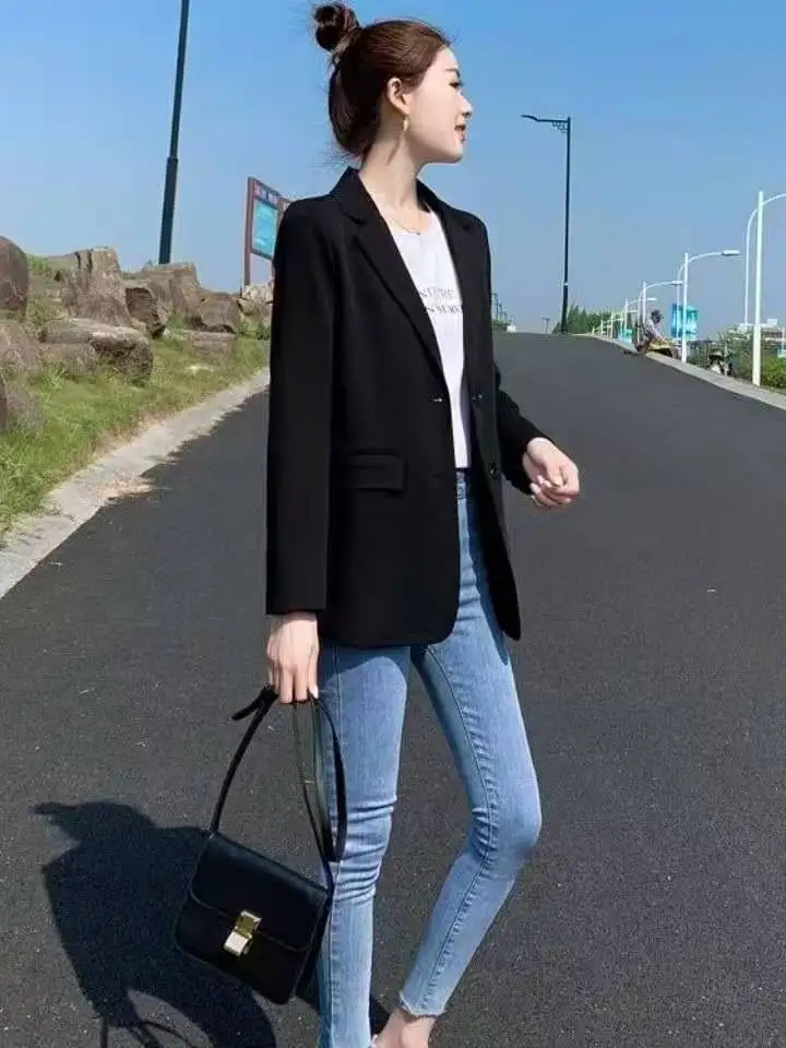 plus Size Women's Black Suit Jacket Casual Loose Meat Concealing High Waist Korean Style Autumn New Style Leisure Top