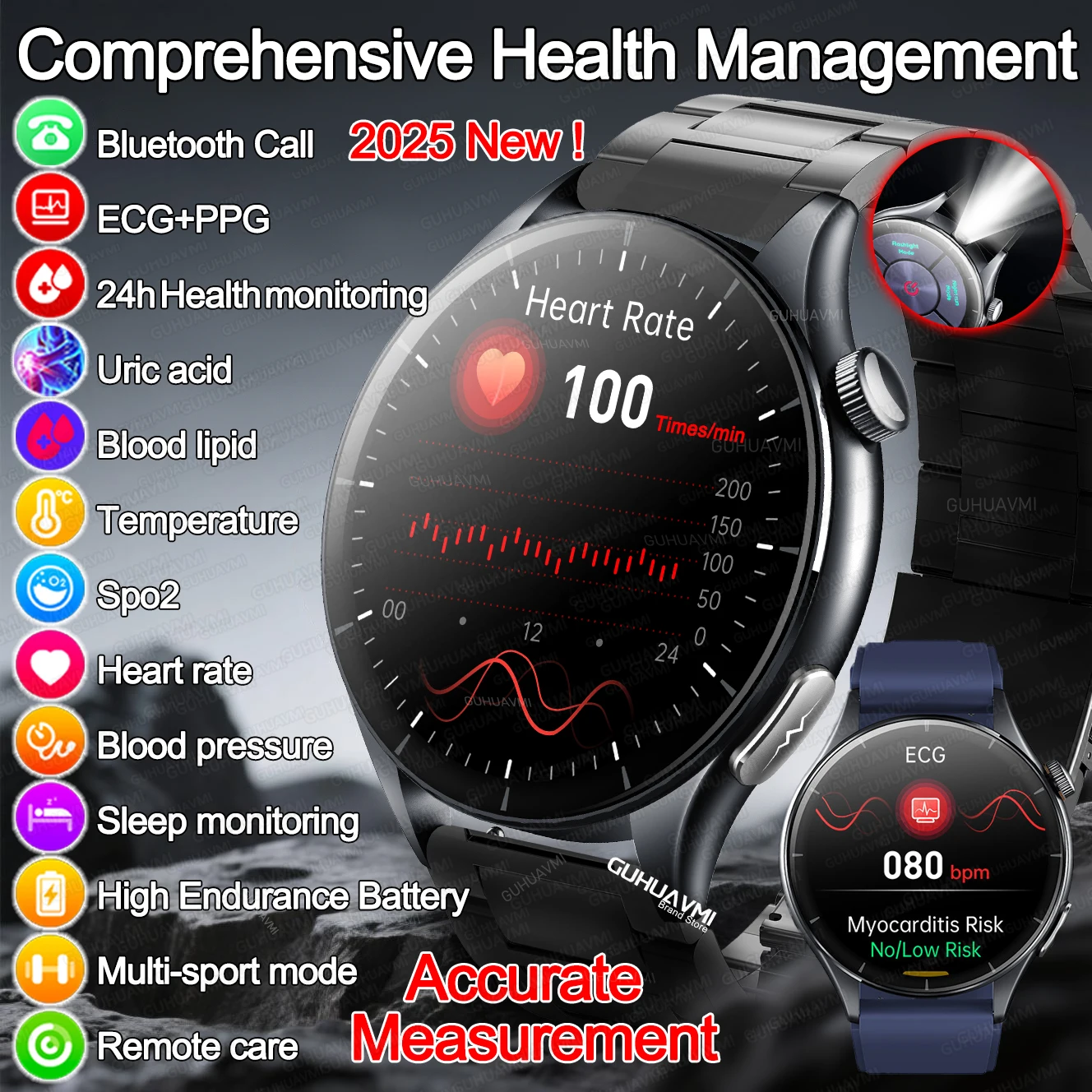 Sapphire Glass Non-invasive Health Monitoring Smart Watch Laser measure Blood Fat Uric Acid ECG Smartwatches 2025 New