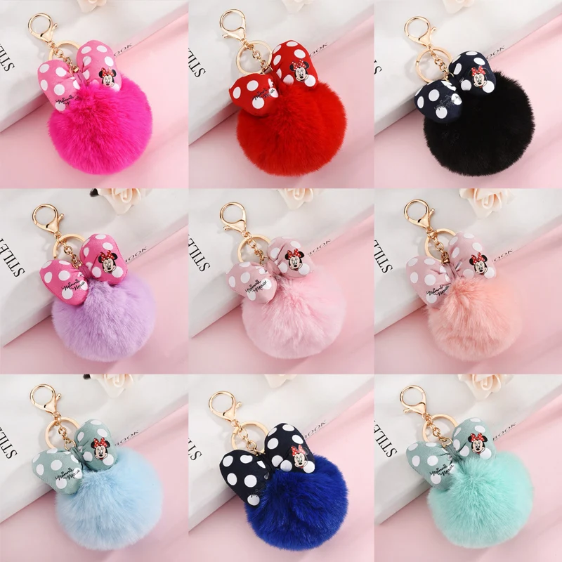 Disney Minnie Mouse Furry Keychains Cartoon Polka Dot Bow Pompom Keychain Pendant Toy Bag Decoration for Girls Ladies Xmas Gifts