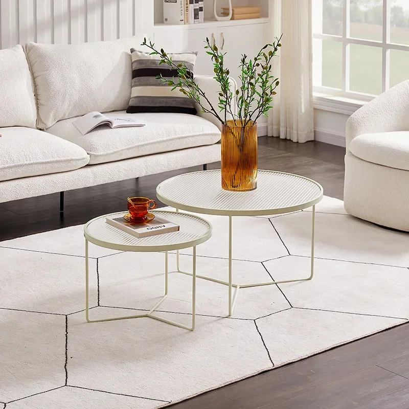 

Simple round Small Apartment Living Room Home Glass Coffee Table Combination Size round Sofa Milky White Small Table