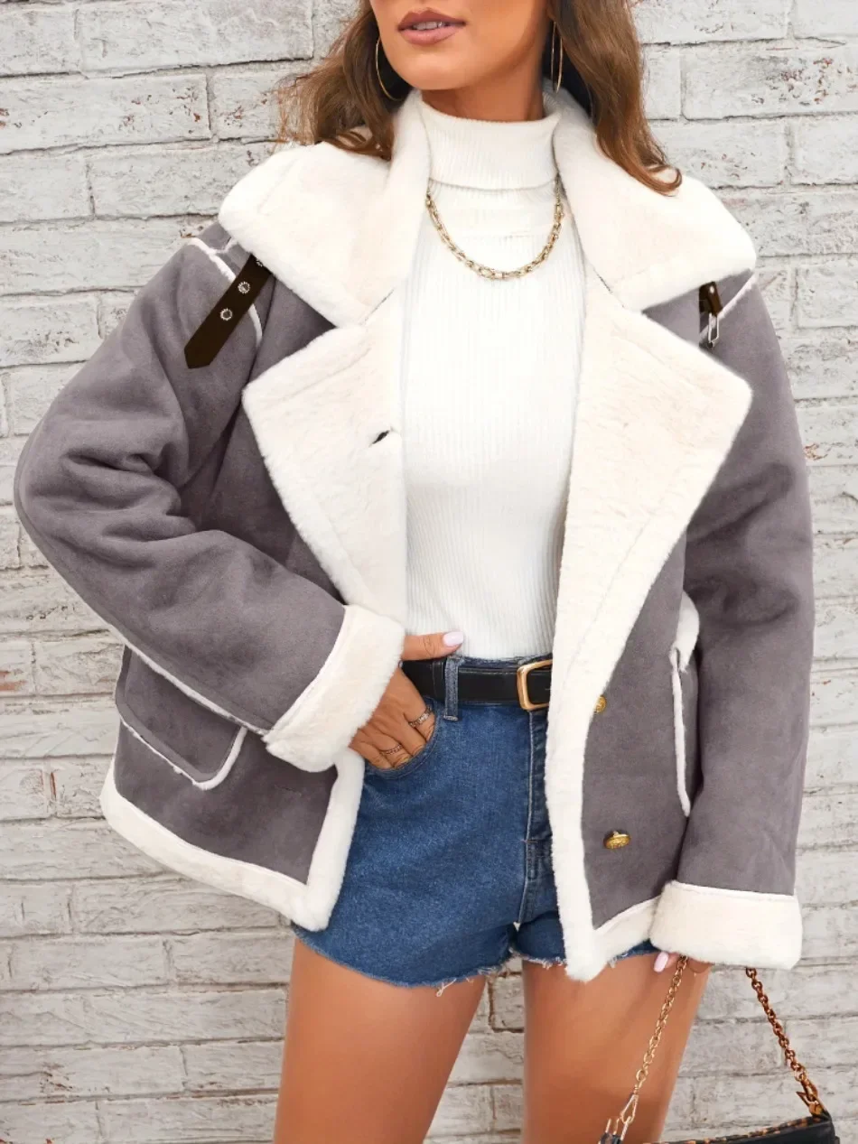 Women's Elegant Winter Fur Coat with Fluff Lapel Thick Korean Fashion Casual Loose Artificial Fleece Warm Jacket