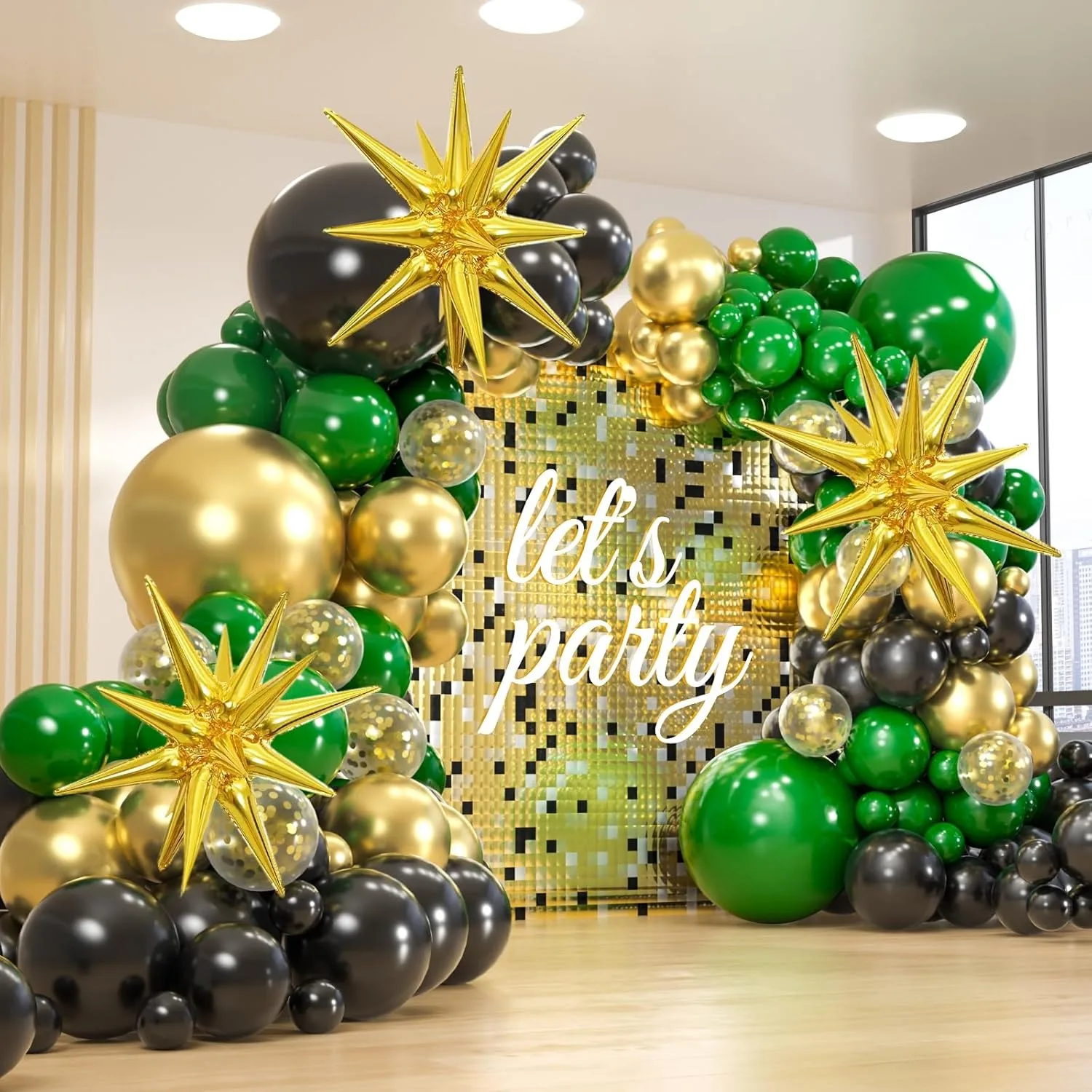 156 Pack Dark Green Metallic Gold Confetti Balloons with Starburst Foil Balloons for Birthday 2025 Graduation Party Decorations