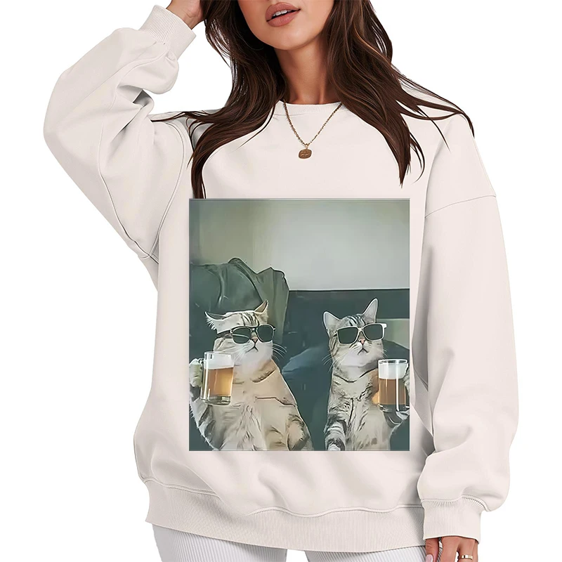 Cool Cat Bere Birra Divertente Meme Felpe con cappuccio per le donne Y2k Stile Streetwear Pullover Felpe Anni '90 Top femminili Abbigliamento unisex