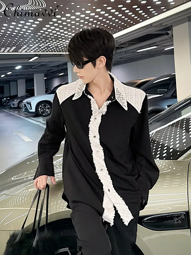 Camisa branca de manga comprida para homens, strass pesados, moda coreana, ajuste solto, bonito, bloqueio de cores, patchwork, outono 2025