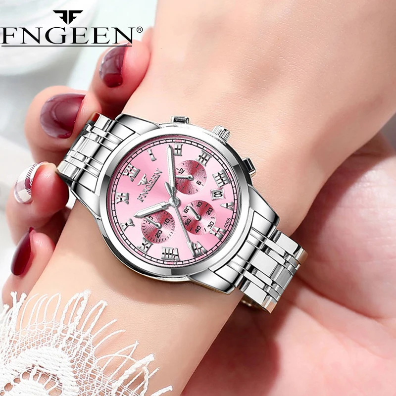 Fngeen Luxe Quartz Horloge Vrouwen Elegant Roestvrij Staal Horloge Lichtgevende Waterdichte Datum Polshorloge Dames Jurk Horloge Ms4006