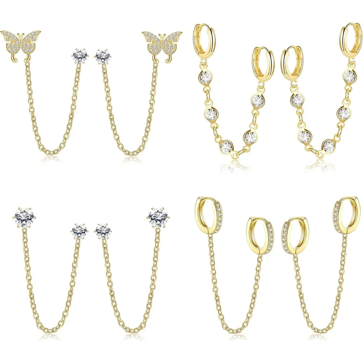Bobisty 4 Paar trendige Kettenohrringe für Damen, 14K vergoldet, doppelter Piercing-Schmetterling, baumelnde Creolen, CZ-Ohrring-Set