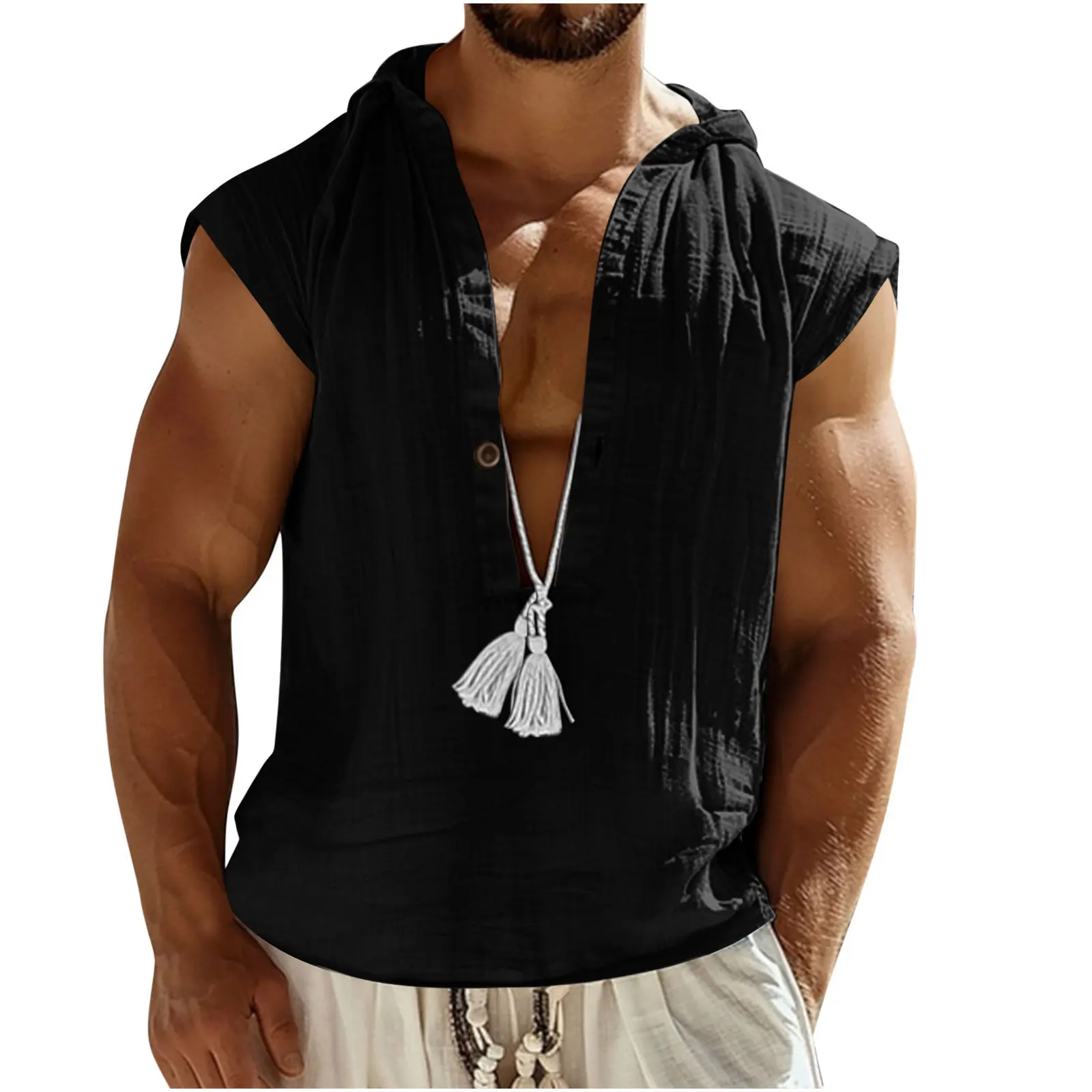 Linen Vintage Men Sleeveless Deep V Neck T-Shirts 2026 Summer Casual Men Loose Hooded Vest Shirt