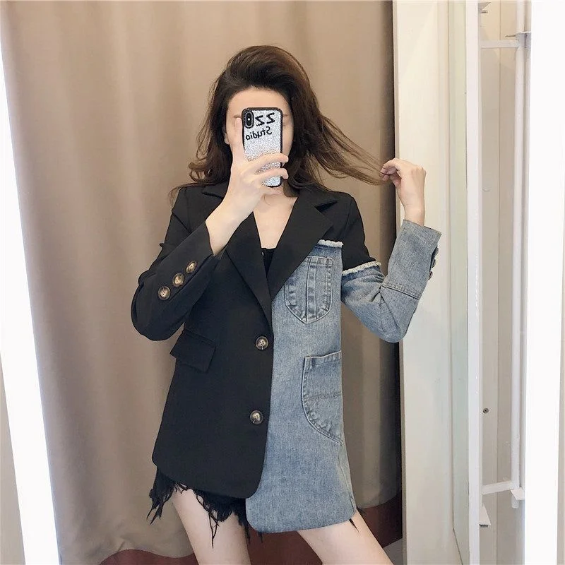 Female Clothing Patchwork Jeans Blazers Lady 2023 Spring Autumn Korean Fashion Slim Coat Outerwear Womens Blazer Coats Tops