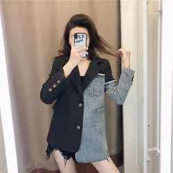Female Clothing Patchwork Jeans Blazers Lady 2023 Spring Autumn Korean Fashion Slim Coat Outerwear Womens Blazer Coats Tops