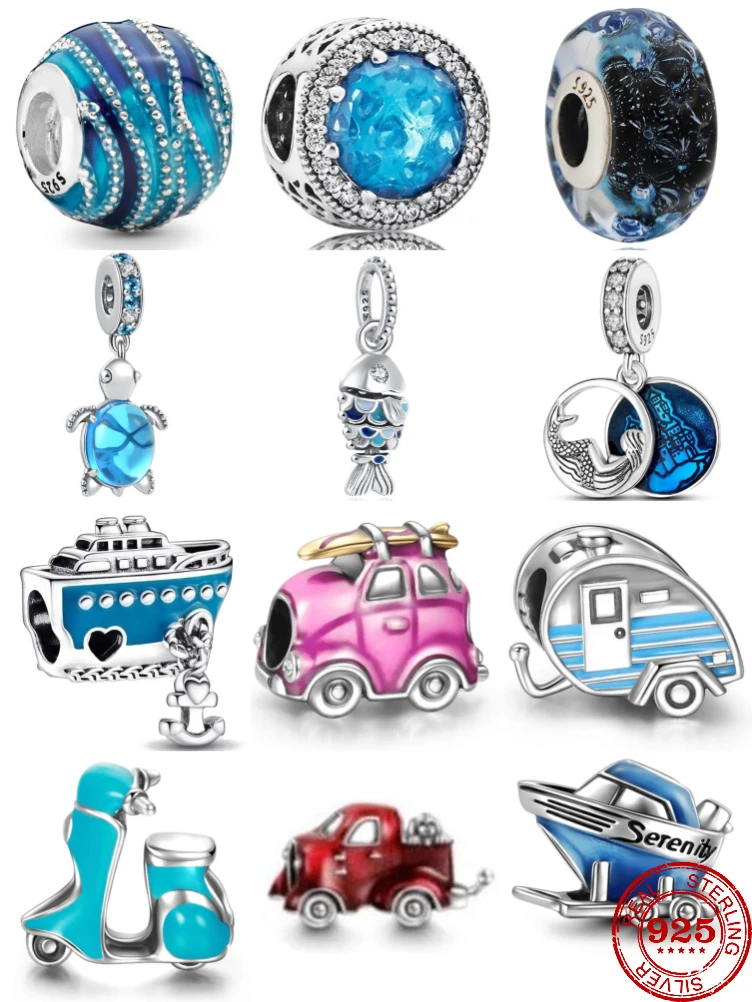 

Summer New 925 Silver Charm Fit Pandora Original Bracelet Women DIY Jewelry Blue Ocean Bead Sparkling Turtle Pendant Dangle Gift