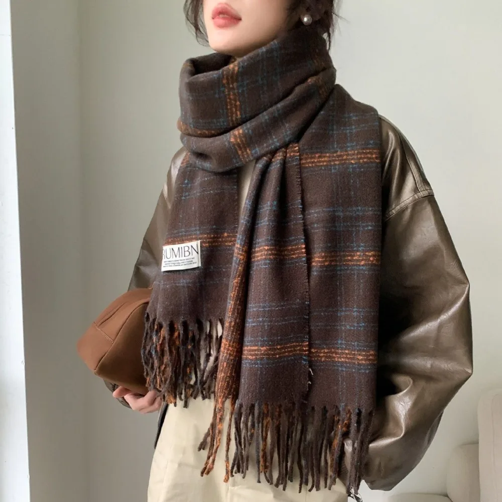 High Quality Angora Fleece Cashmere Scarf Grid Stripe with Tassels Neck Warmer Thickened Windproof Wrap Shawls image 3