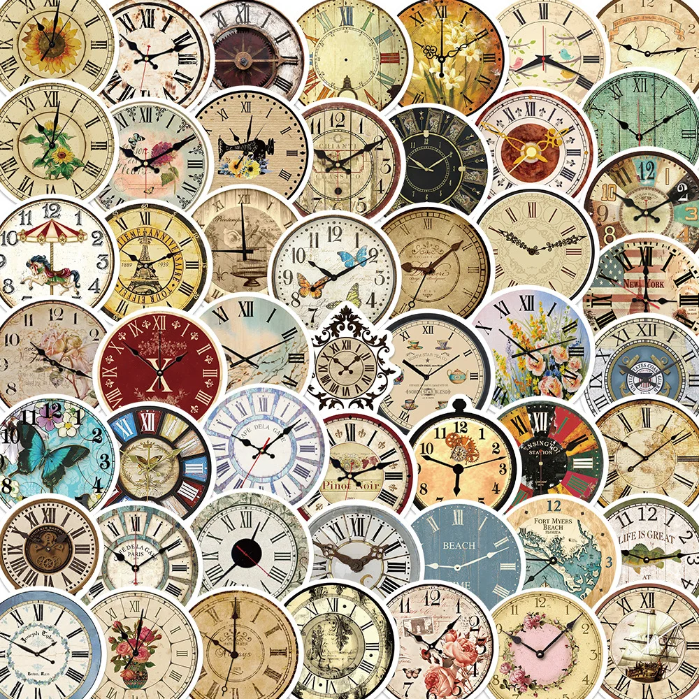 50Pcs Vintage Clock PVC Sticky Stickers Aesthetic DIY Decoration Scrapbooking Hand Accounting School Supplies