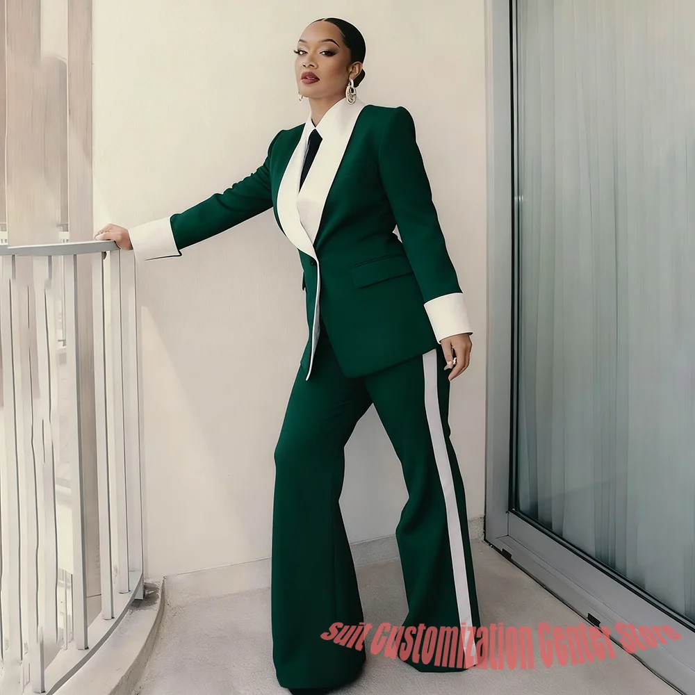 

Новая осенняя одежда из 2 предметов, зелено-белый женский костюм, однобортный пиджак с шалью и лацканами, комплект брюк, элегантная официальная офисная верхняя одежда